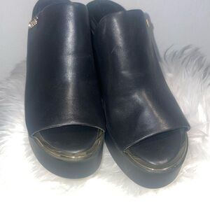 DKNY Black Leather Mules with Gold Accent